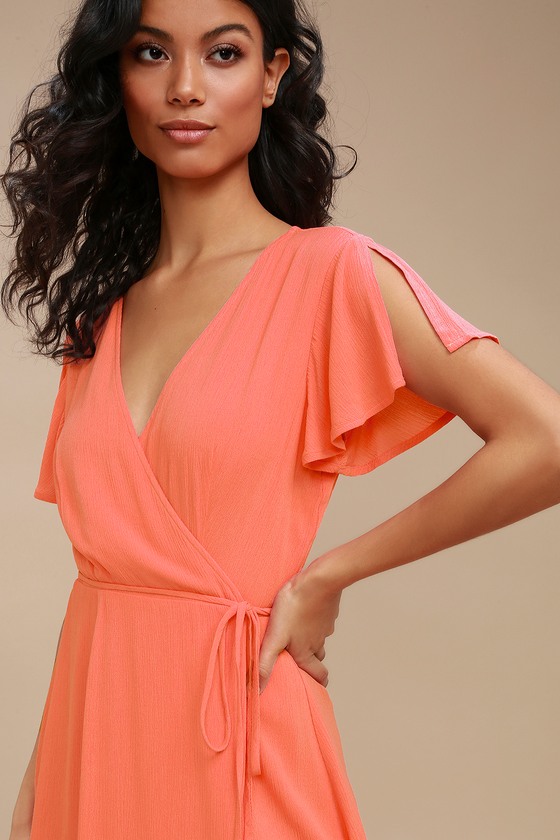 Cute Coral Pink Dress - Wrap Dress - Short Sleeve Dress - Lulus